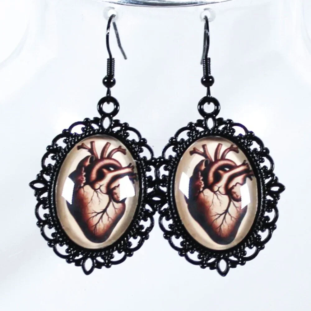 The Crimson Pulse Gothic Victorian Anatomical Heart Earrings Black Metal Cameo